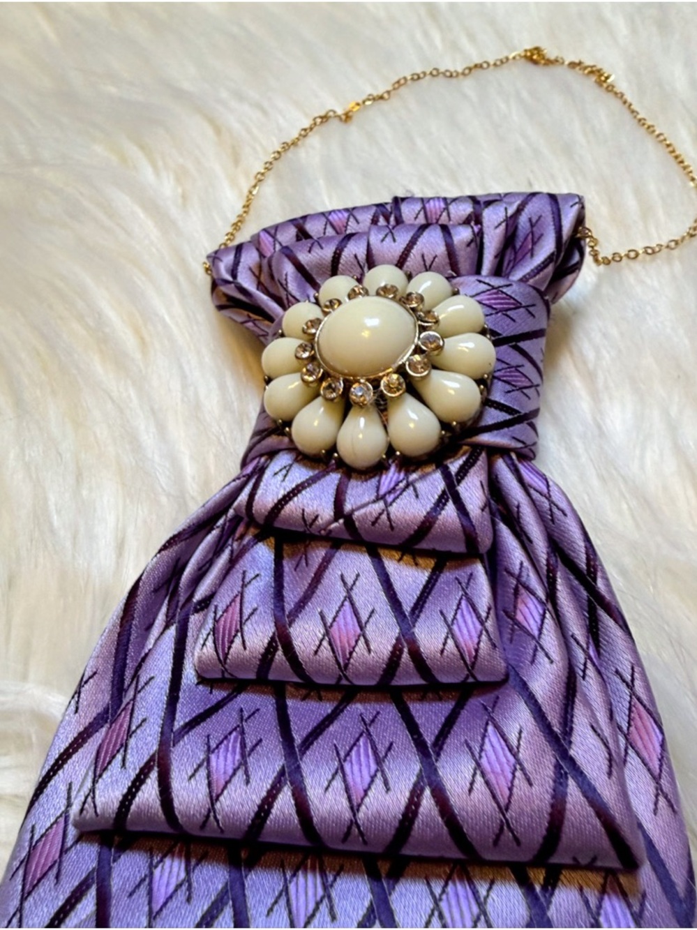 Lavender Patterned Satin Scarf with Ivory Brooch